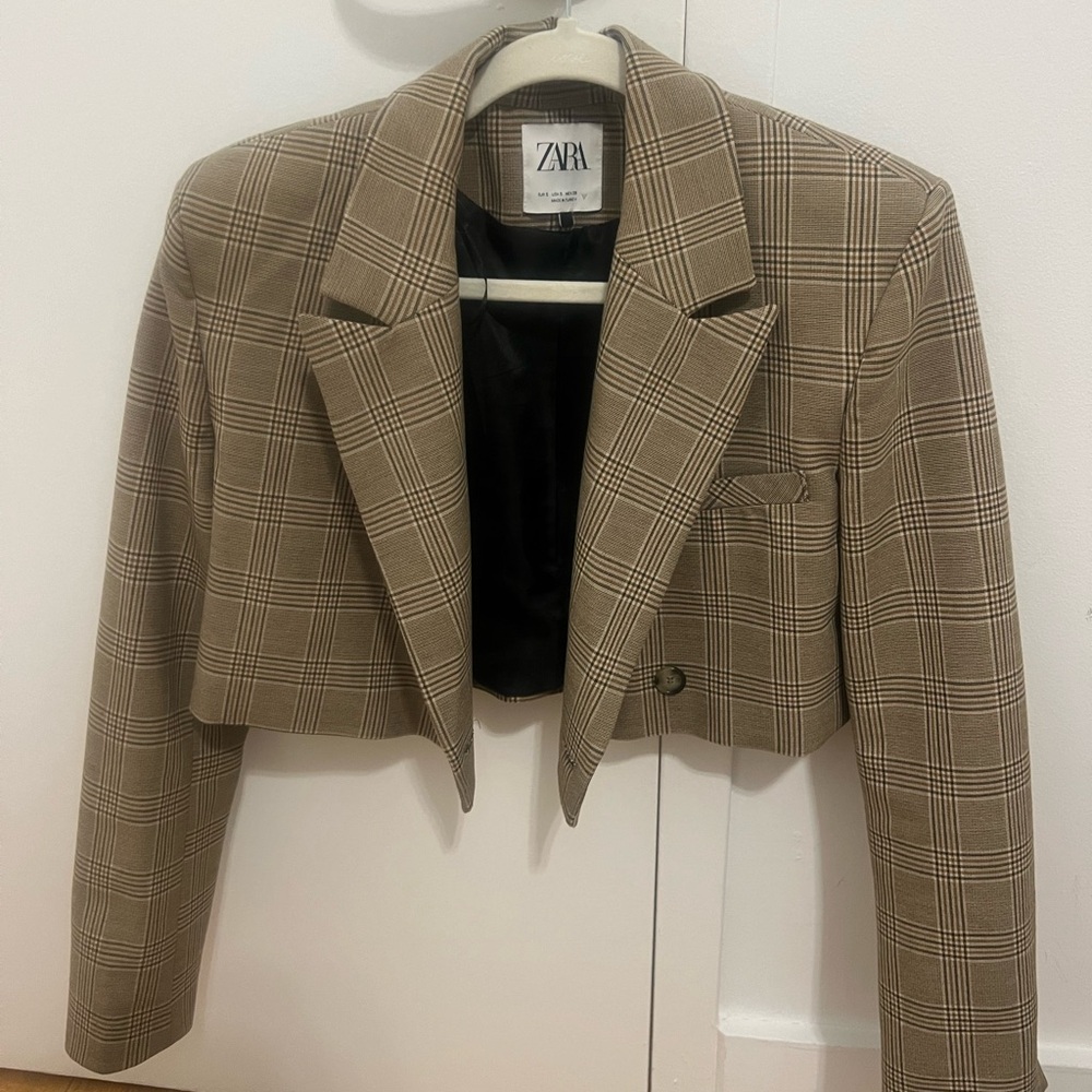 Zara Check Cropped Brown Plaid Blazer